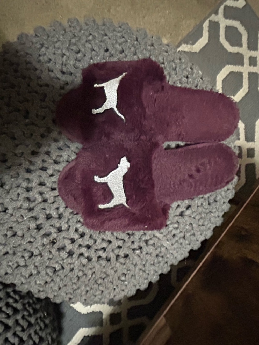 PINK Victoria's Secret Plush Slide Slippers in Deep Plum with Silver Logo